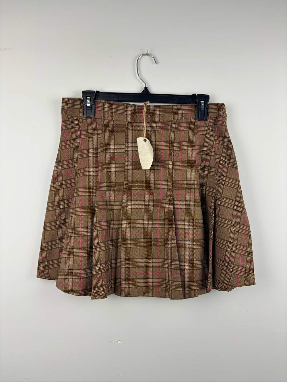 NWT Easel Large Brown Plaid Pleated Preppy Mini Skater Skirt Academia Side Zip
